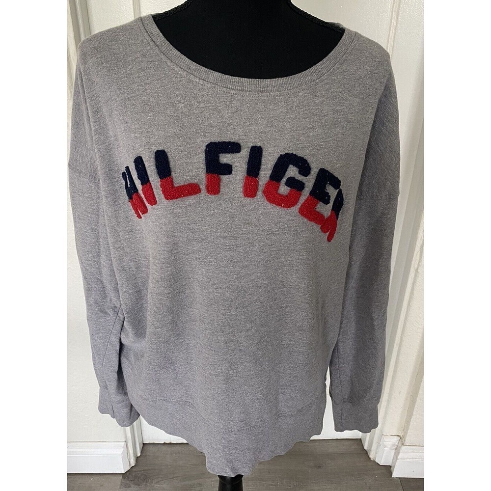Tommy Hilfiger Spellout Chenille Patch Grey Pullover Patriotic Sweatshirt  L
